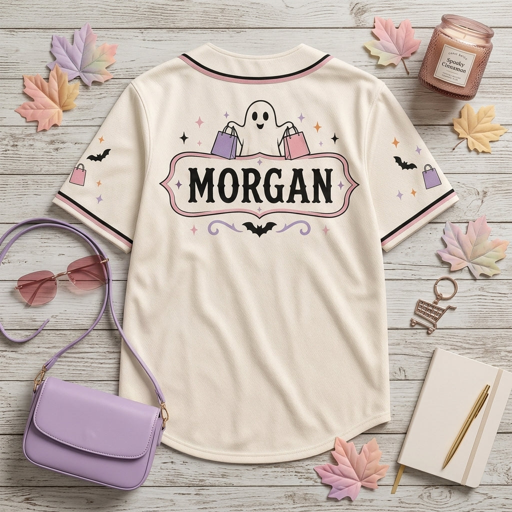 Personalized Spooky Shopping Ghost Baseball Jersey - Custom Name Funny Halloween Wife Gift Shirt