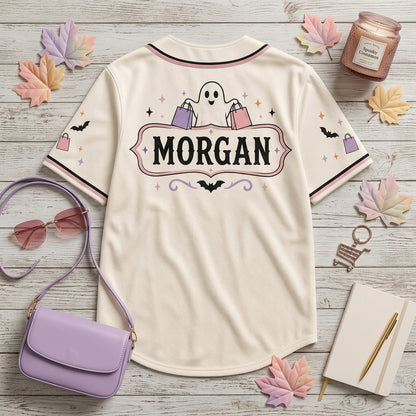 Personalized Spooky Shopping Ghost Baseball Jersey - Custom Name Funny Halloween Wife Gift Shirt