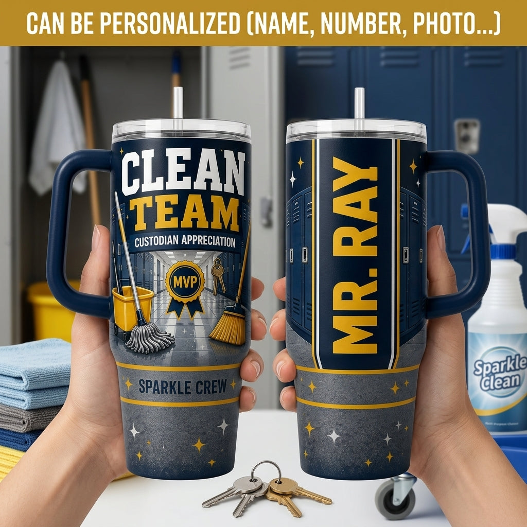 Personalized 40oz Tumbler with Handle - Custom Custodian Appreciation Gift, Clean Team MVP