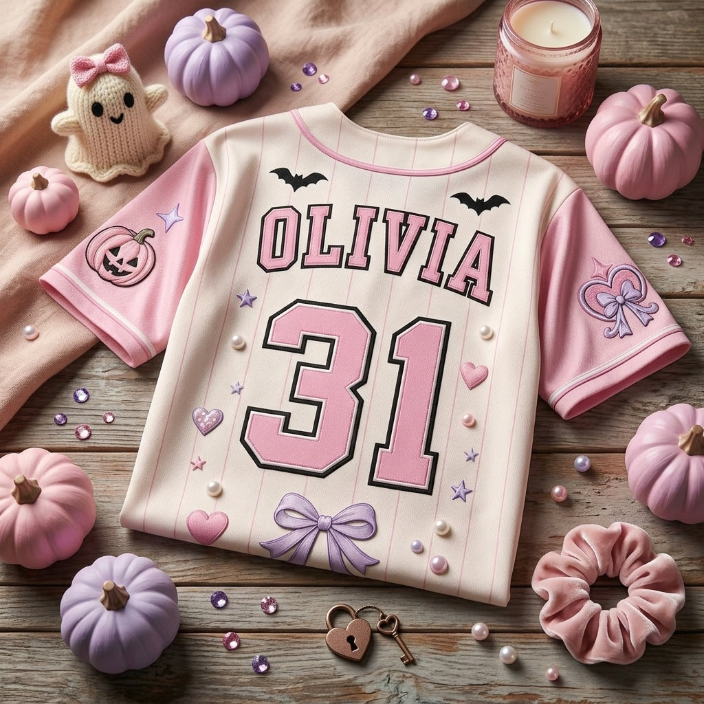 Personalized Pink Ghost Club Baseball Jersey - Custom Name and Number Kawaii Coquette Halloween Outfit product view 5
