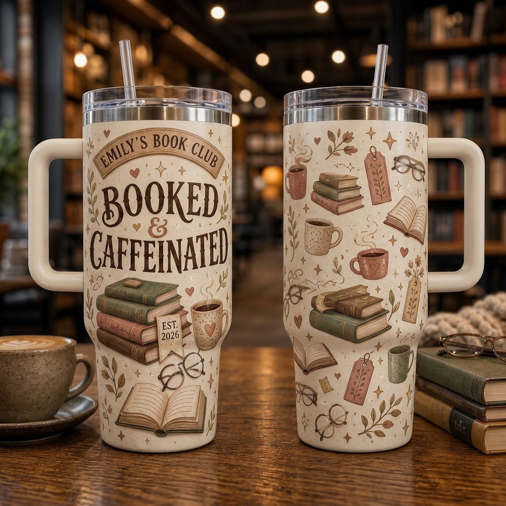 Personalized Booked & Caffeinated 40oz Tumbler with Handle - Custom Book Club Gift for Readers