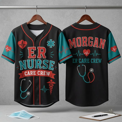 Personalized ER Nurse Care Crew Baseball Jersey - Custom Name Medical Professional Gift for Nursing Teams