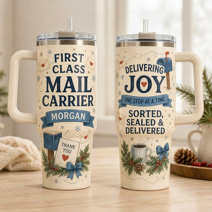 Personalized Mail Carrier 40oz Tumbler with Handle - Custom Postal Worker Gift - Delivering Joy Holiday Travel Mug