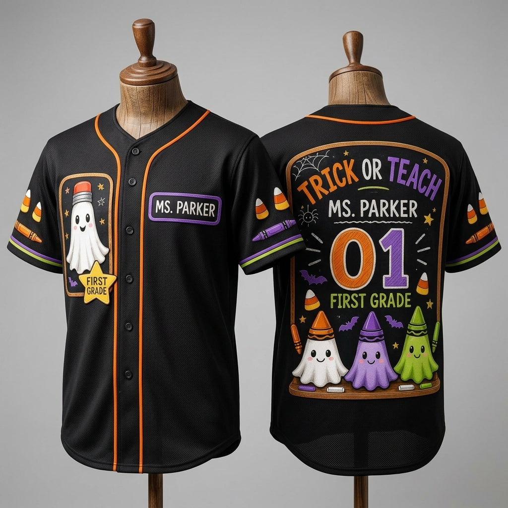 Personalized Trick or Teach Teacher Baseball Jersey - Custom Name & Grade Halloween Ghost Crayon Jersey