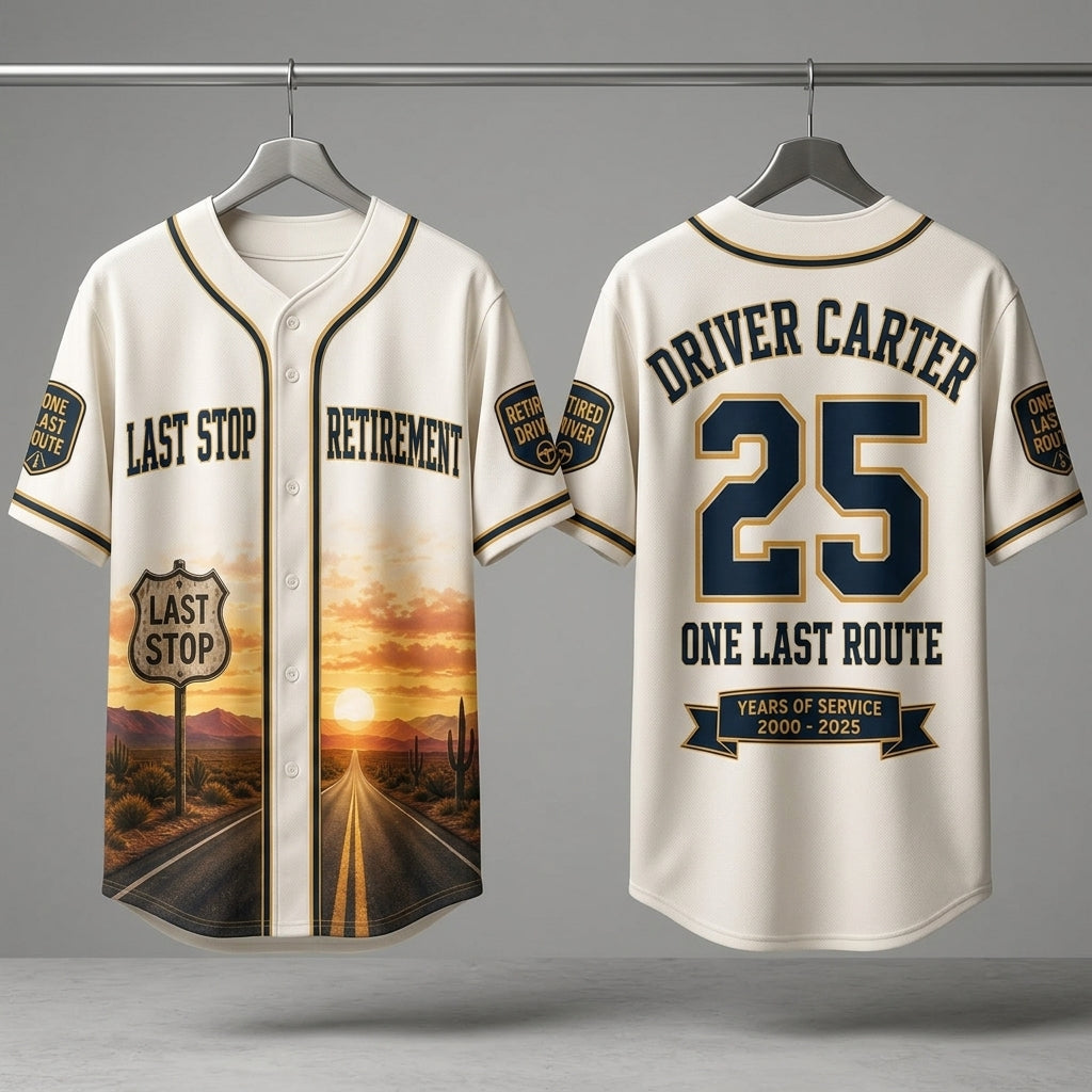 Personalized Driver Retirement Baseball Jersey - Custom Name & Years of Service Last Stop Gift