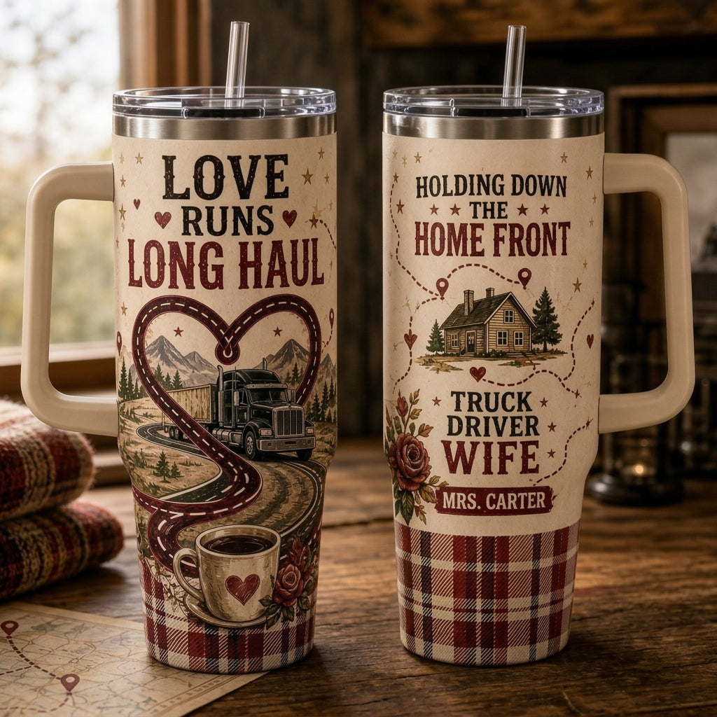 Personalized Truck Driver Wife 40oz Tumbler with Handle - Love Runs Long Haul Custom Name Travel Mug
