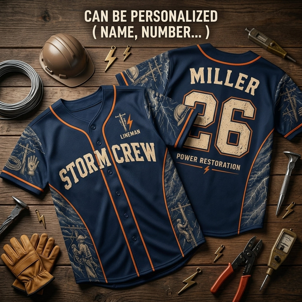 Personalized Lineman Storm Crew Baseball Jersey - Custom Name and Number Power Restoration Graphic Shirt