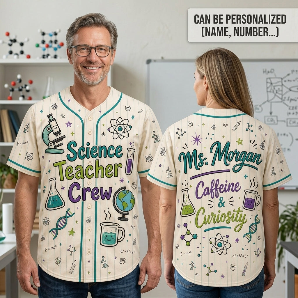 Personalized Science Teacher Crew Baseball Jersey - Custom Name STEM Educator Gift, Caffeine & Curiosity Jersey