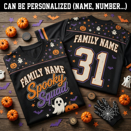 Personalized Spooky Squad Halloween Football Jersey - Custom Family Name and Number All-Over Print Mesh Jersey