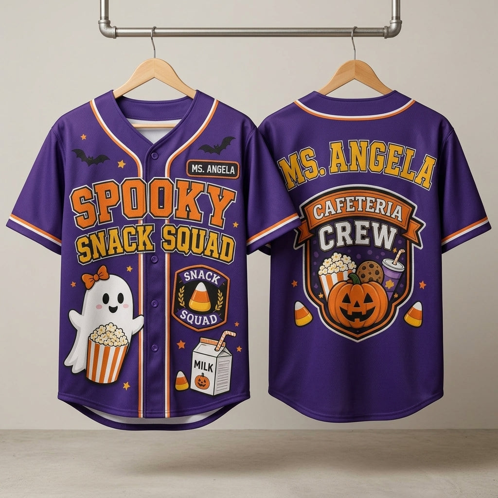 Personalized Spooky Snack Squad Baseball Jersey - Custom Name Halloween Cafeteria Crew Team Shirt