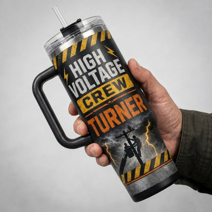 Personalized Lineman High Voltage Crew 40oz Tumbler with Handle - Custom Storm Ready Gift