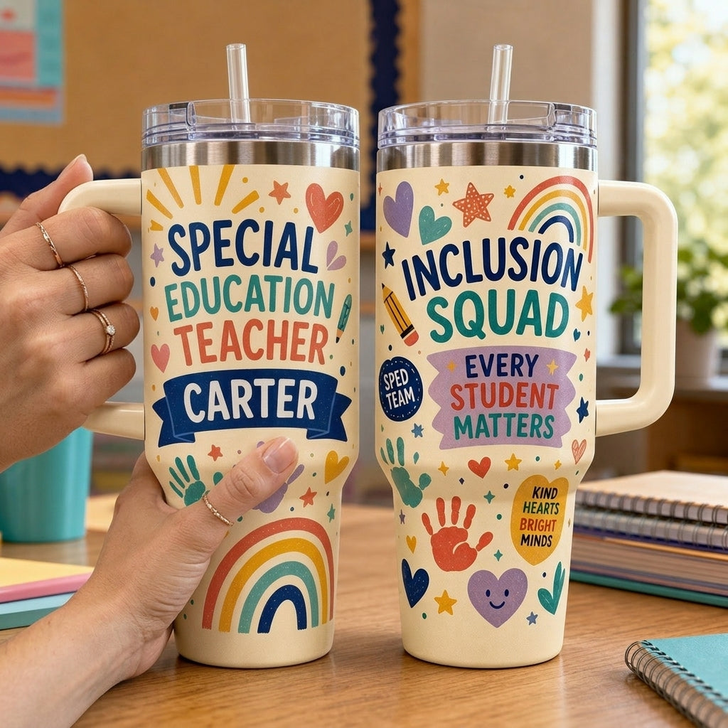 Personalized Special Education Teacher 40oz Tumbler with Handle - Custom Name Inclusion Squad Gift
