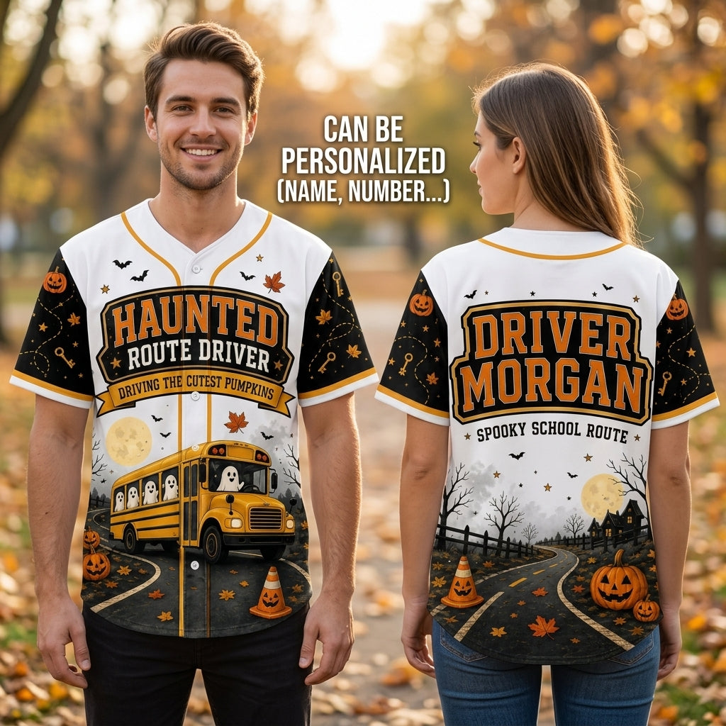 Personalized Haunted Route School Bus Driver Halloween Baseball Jersey - Custom Name Spooky Driver Gift