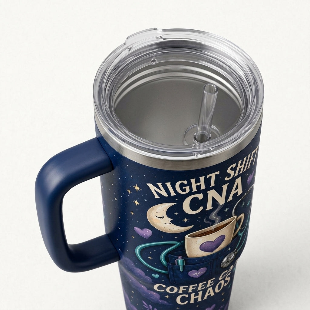 Personalized Night Shift CNA 40oz Tumbler with Handle, Custom Name Coffee Care Chaos Nursing Gift