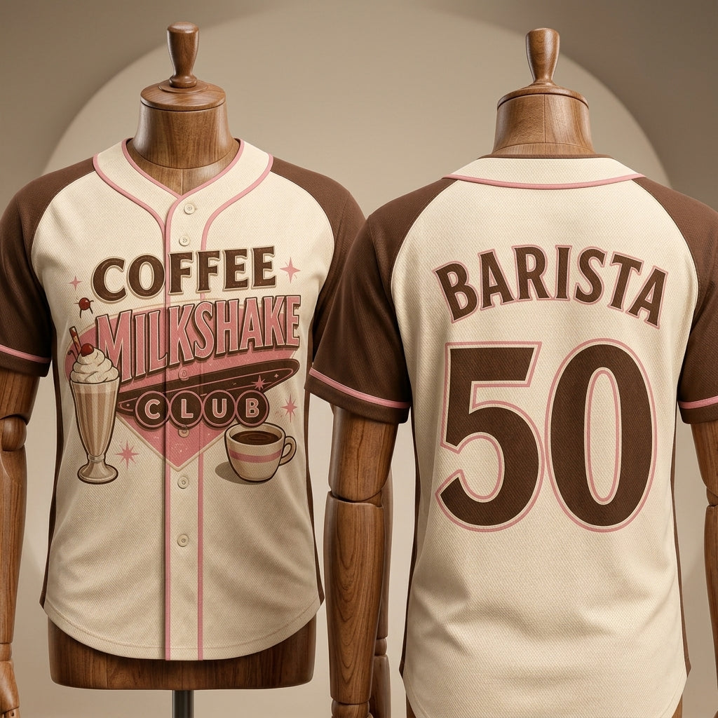 Personalized Coffee Milkshake Club Baseball Jersey - Retro Barista Gift - Custom Name and Number Vintage Jersey