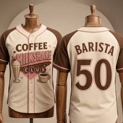 Personalized Coffee Milkshake Club Baseball Jersey - Retro Barista Gift - Custom Name and Number Vintage Jersey