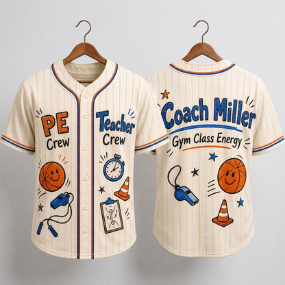 Personalized PE Teacher Crew Baseball Jersey - Custom Coach Name Gym Class Energy Shirt - Unisex Pinstripe Jersey