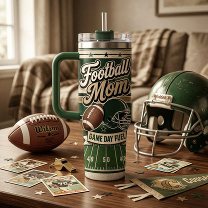 Personalized Football Mom 40oz Tumbler with Handle - Custom Name and Number Game Day Gift