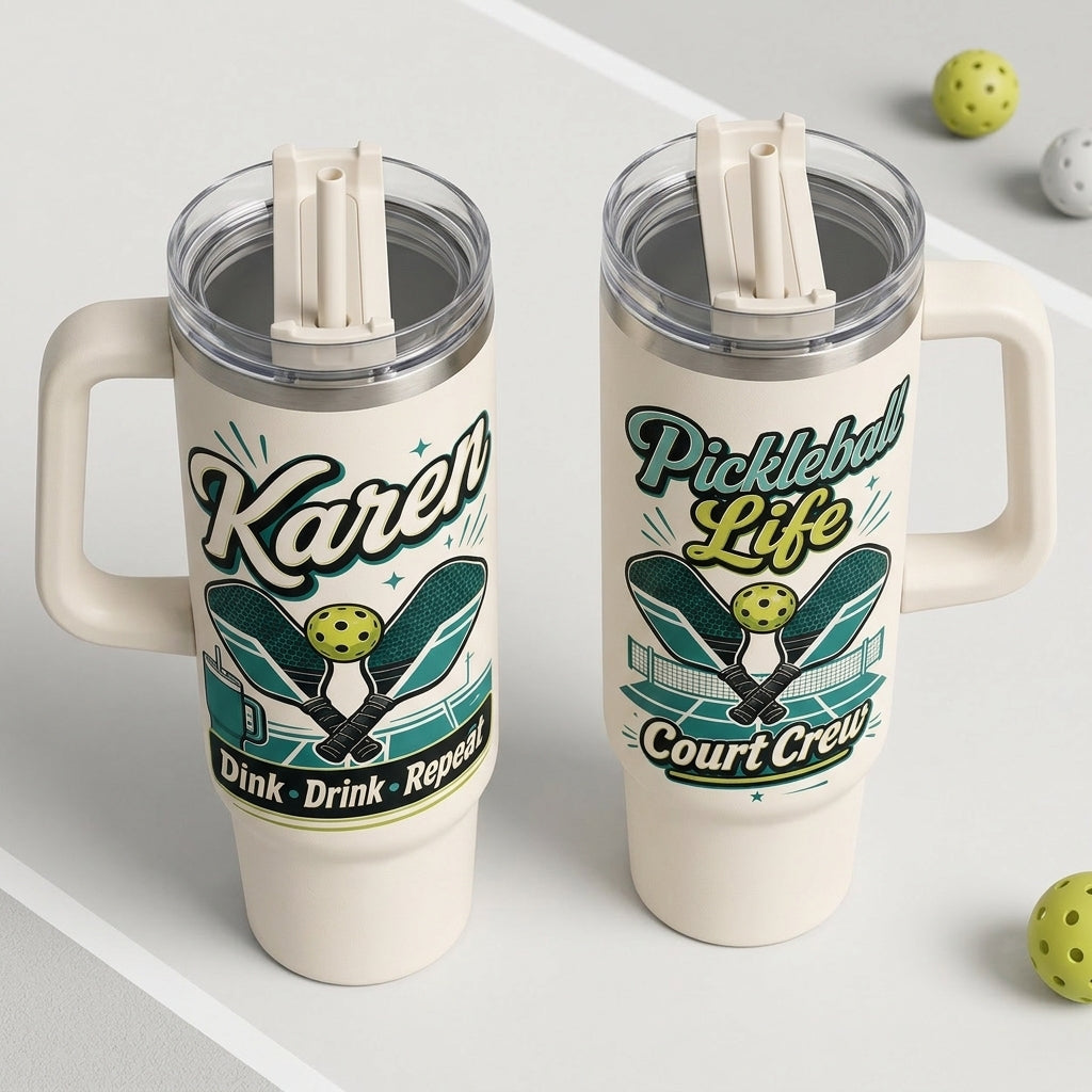 Personalized Pickleball Life 40oz Tumbler with Handle, Custom Name Court Crew Gift for Pickleball Players