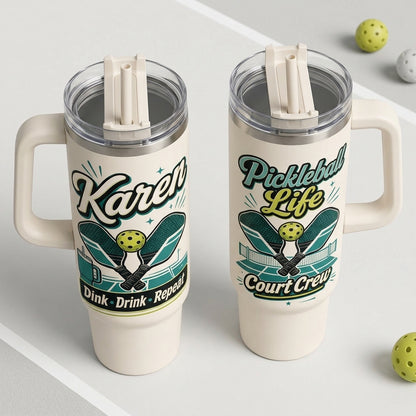 Personalized Pickleball Life 40oz Tumbler with Handle, Custom Name Court Crew Gift for Pickleball Players