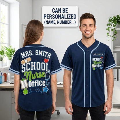 Personalized School Nurse Baseball Jersey - Custom Name Navy Blue Athletic Shirt for School Health Staff