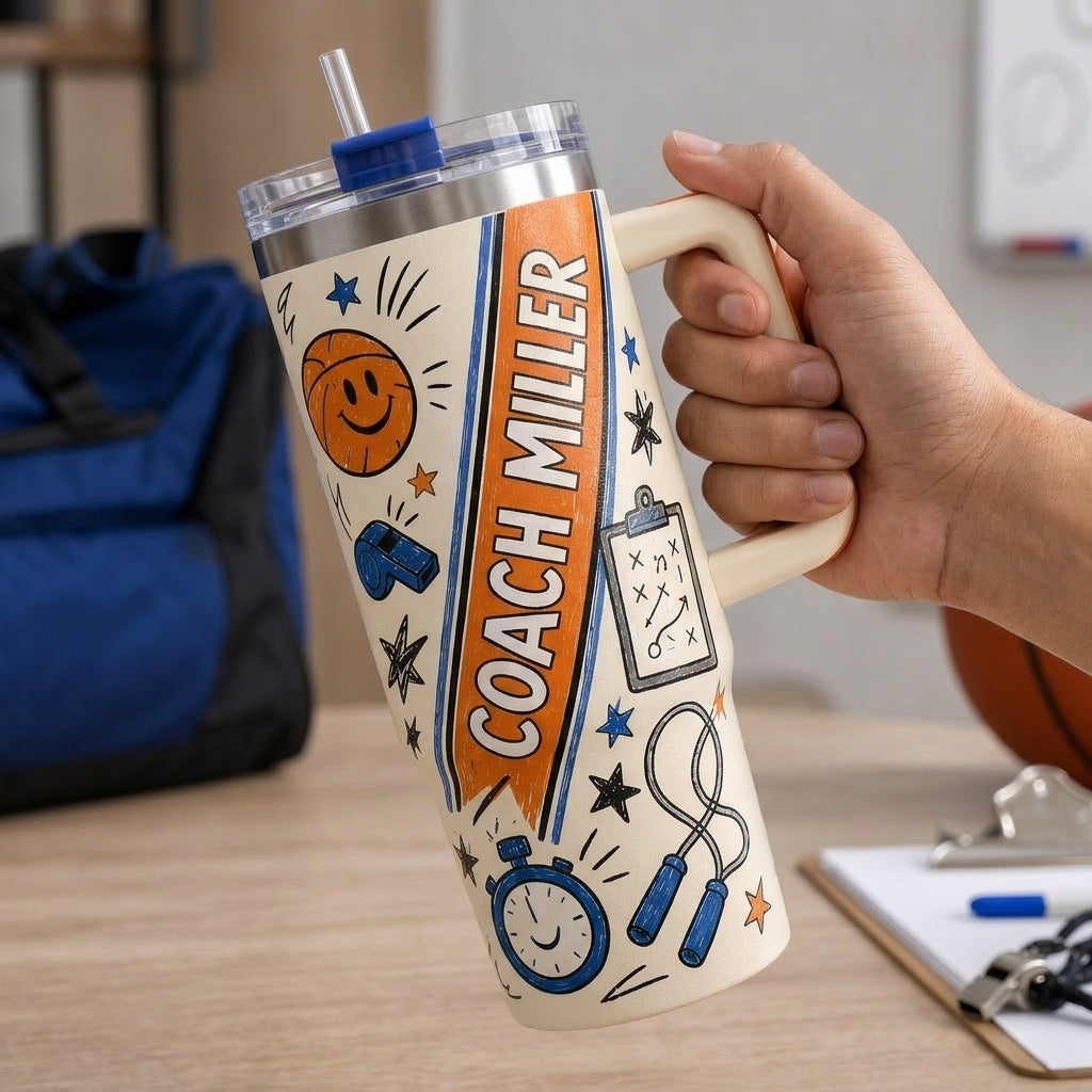 Personalized PE Teacher Crew 40oz Tumbler with Handle, Custom Coach Name Gift for Gym Teachers and Coaches
