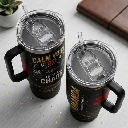 Personalized 911 Dispatcher 40oz Tumbler with Handle - Custom Headset Hero Calm Voice Gift