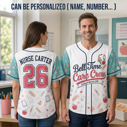 Personalized School Nurse Baseball Jersey - Custom Name Bell Time Care Crew Shirt