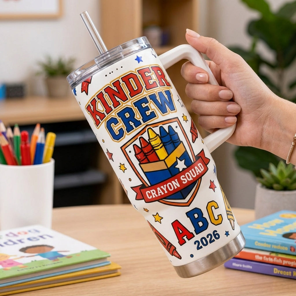 Personalized Kinder Crew Crayon Squad 40oz Tumbler with Handle - Custom Kindergarten Teacher Gift