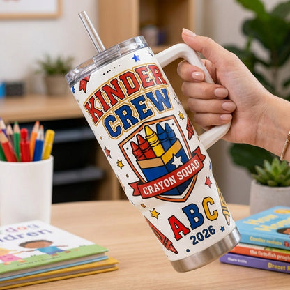 Personalized Kinder Crew Crayon Squad 40oz Tumbler with Handle - Custom Kindergarten Teacher Gift