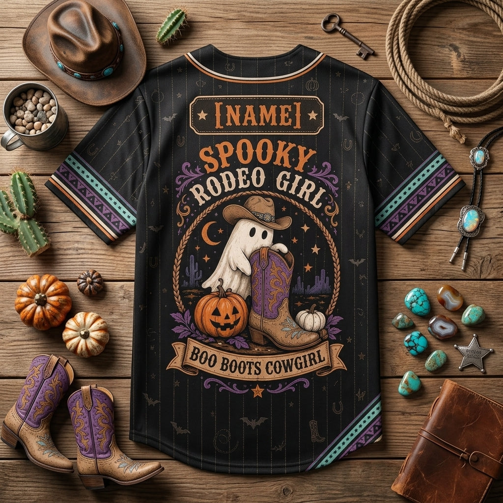 Personalized Haunted Cowgirl Baseball Jersey - Spooky Rodeo Girl Halloween Gift with Custom Name