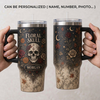 Personalized Floral Skull 40oz Tumbler with Handle, Gothic Rose & Moon Design Custom Name Gift