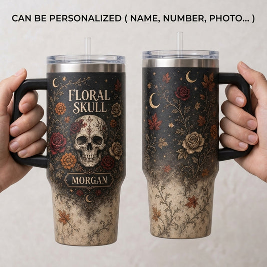 Personalized Floral Skull 40oz Tumbler with Handle, Gothic Rose & Moon Design Custom Name Gift