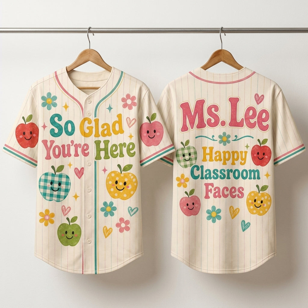 Personalized Teacher Baseball Jersey - Custom Name Happy Classroom Faces Apple Design Back to School Apparel