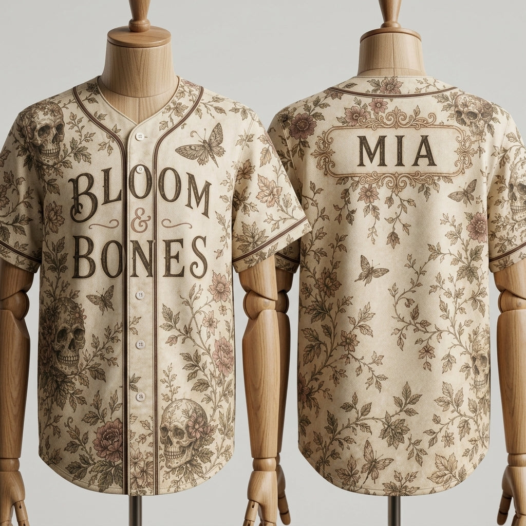 Personalized Bloom & Bones Vintage Gothic Skull and Floral Baseball Jersey - Custom Name Aesthetic Sportswear