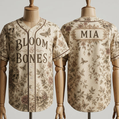 Personalized Bloom & Bones Vintage Gothic Skull and Floral Baseball Jersey - Custom Name Aesthetic Sportswear