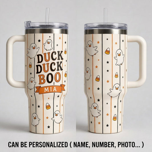 Personalized Duck Duck Boo Halloween 40oz Tumbler with Handle - Custom Name Ghost Duck Gift