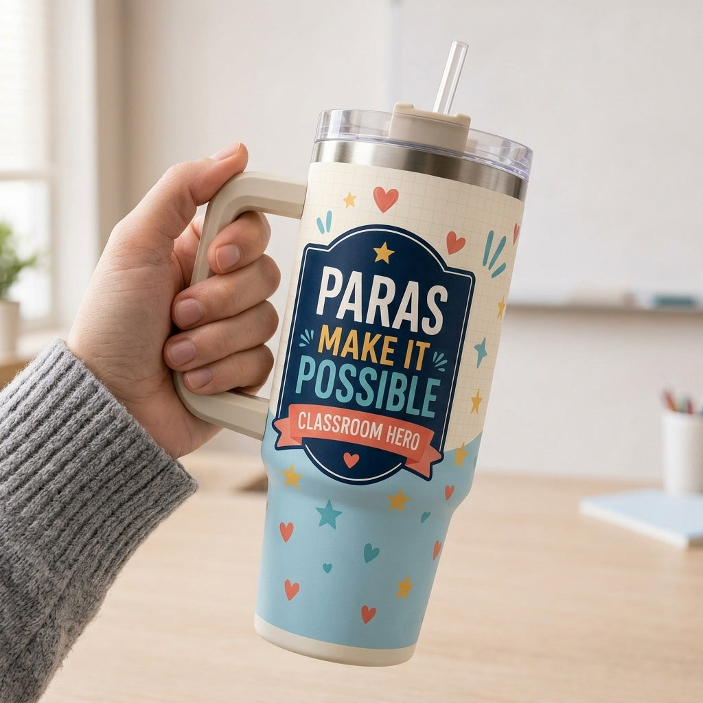 Personalized Paras Make It Possible 40oz Tumbler with Handle, Custom Teacher Assistant Classroom Hero Gift - 40oz tumbler mockup 4