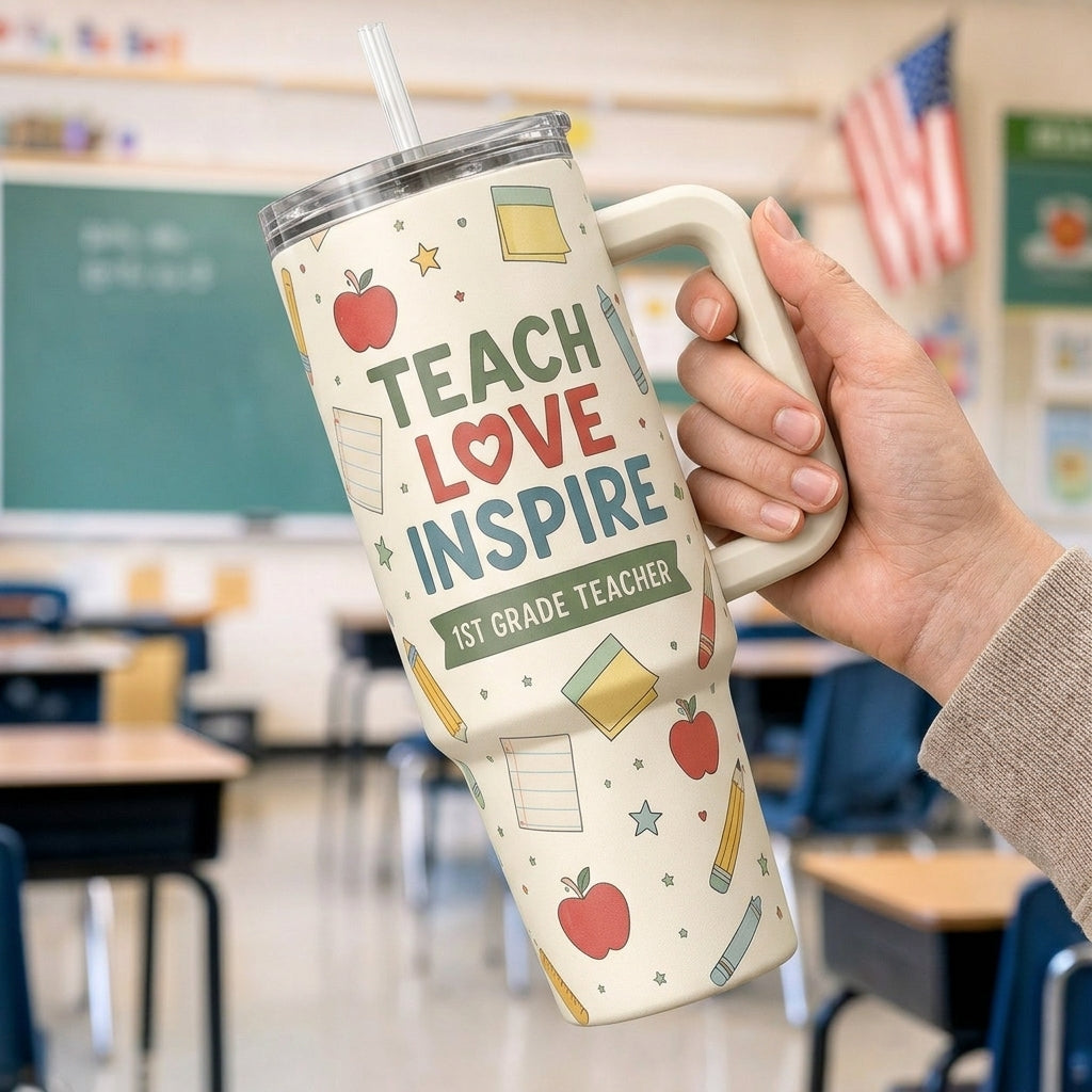 Personalized Teacher 40oz Tumbler with Handle, Custom Name Teach Love Inspire Classroom Gift
