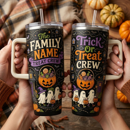 Personalized Halloween Family Name Treat Crew 40oz Tumbler with Handle - Custom Ghost Trick or Treat Gift
