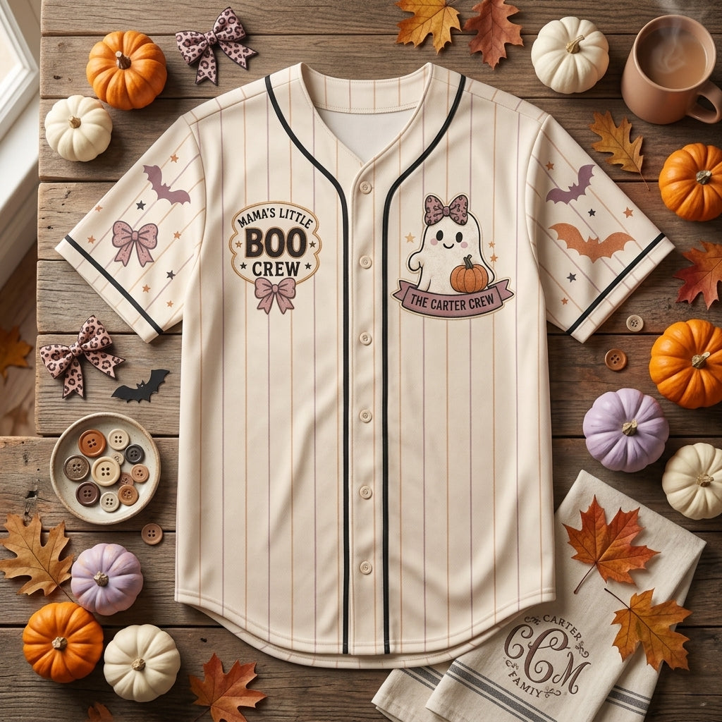 Personalized Spooky Mama Halloween Baseball Jersey - Custom Family Name Boo Crew Ghost Shirt
