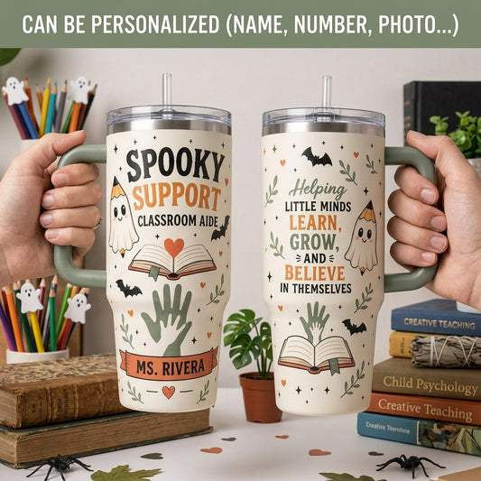 Personalized Spooky Support Classroom Aide 40oz Tumbler with Handle, Custom Halloween Gift for Teacher Aide