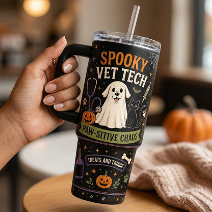 Personalized Spooky Vet Tech 40oz Tumbler with Handle - Custom Name Halloween Veterinary Gift