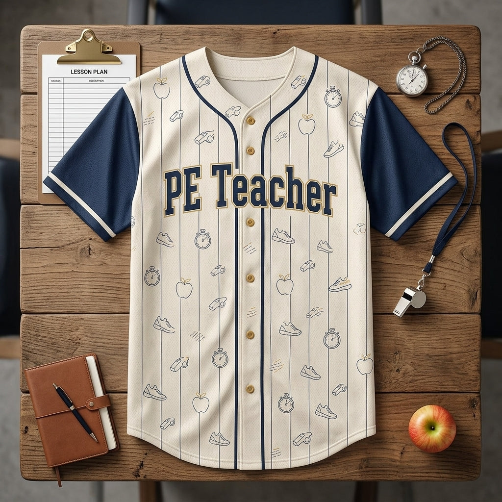 Personalized PE Teacher Baseball Jersey - Custom Name and Number School Spirit Coach Shirt