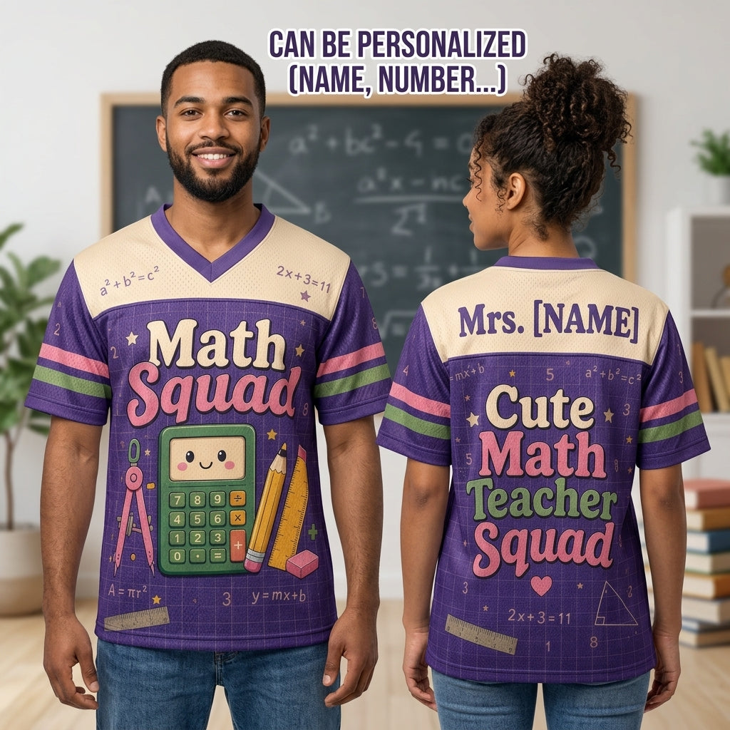 Personalized Math Teacher Football Jersey - Custom Name Cute Math Squad Purple Shirt