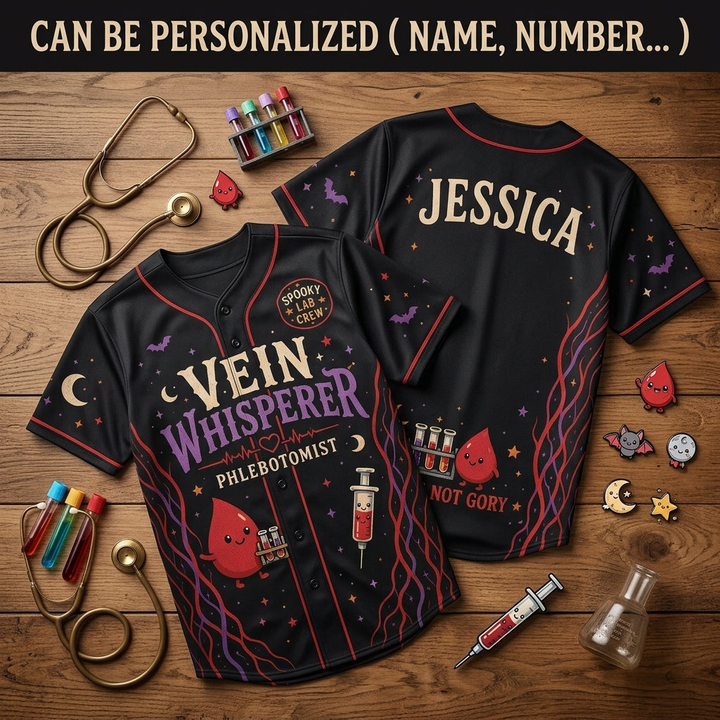 Personalized Vein Whisperer Phlebotomist Baseball Jersey - Custom Name Spooky Lab Crew Healthcare Gift