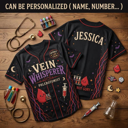 Personalized Vein Whisperer Phlebotomist Baseball Jersey - Custom Name Spooky Lab Crew Healthcare Gift