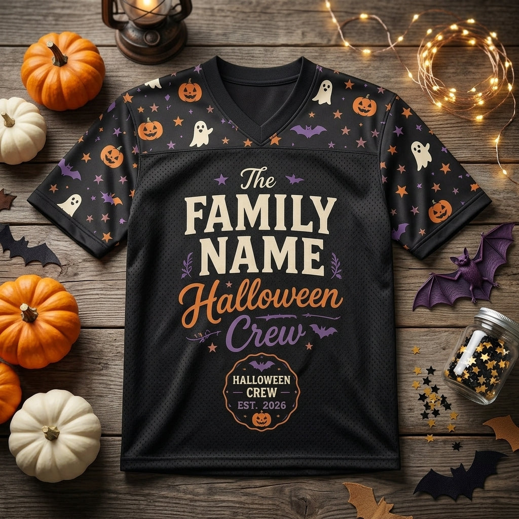 Personalized Family Name Halloween Crew Football Jersey - Custom Spooky Team Shirt