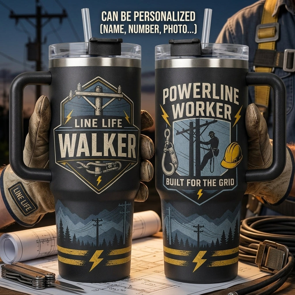 Personalized Powerline Worker 40oz Tumbler with Handle, Custom Name Gift for Lineman & Electricians, Built for the Grid