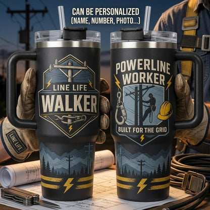Personalized Powerline Worker 40oz Tumbler with Handle, Custom Name Gift for Lineman & Electricians, Built for the Grid